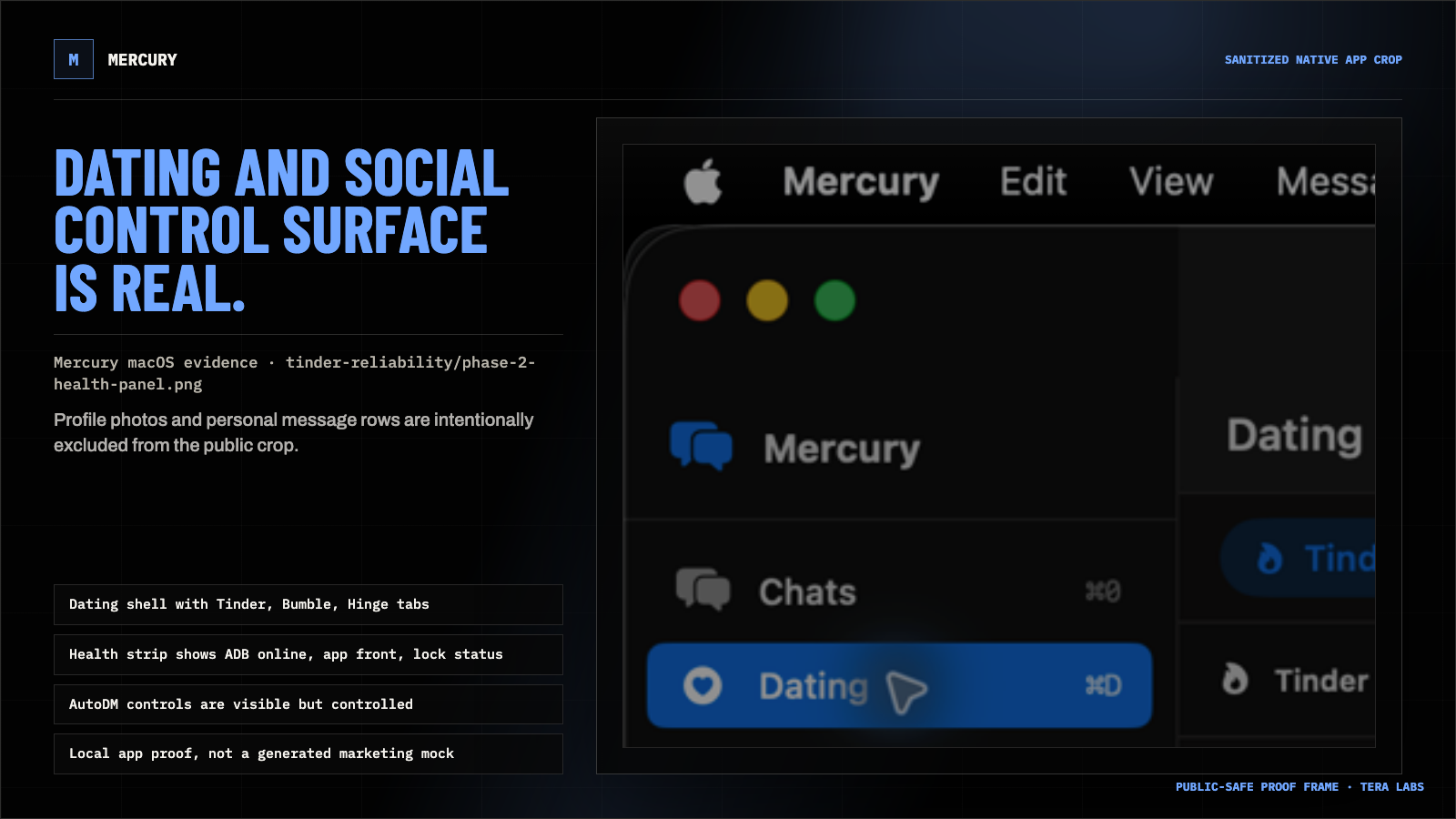 Public-safe Tera Chat proof frame built from a native macOS evidence crop with personal profiles removed.